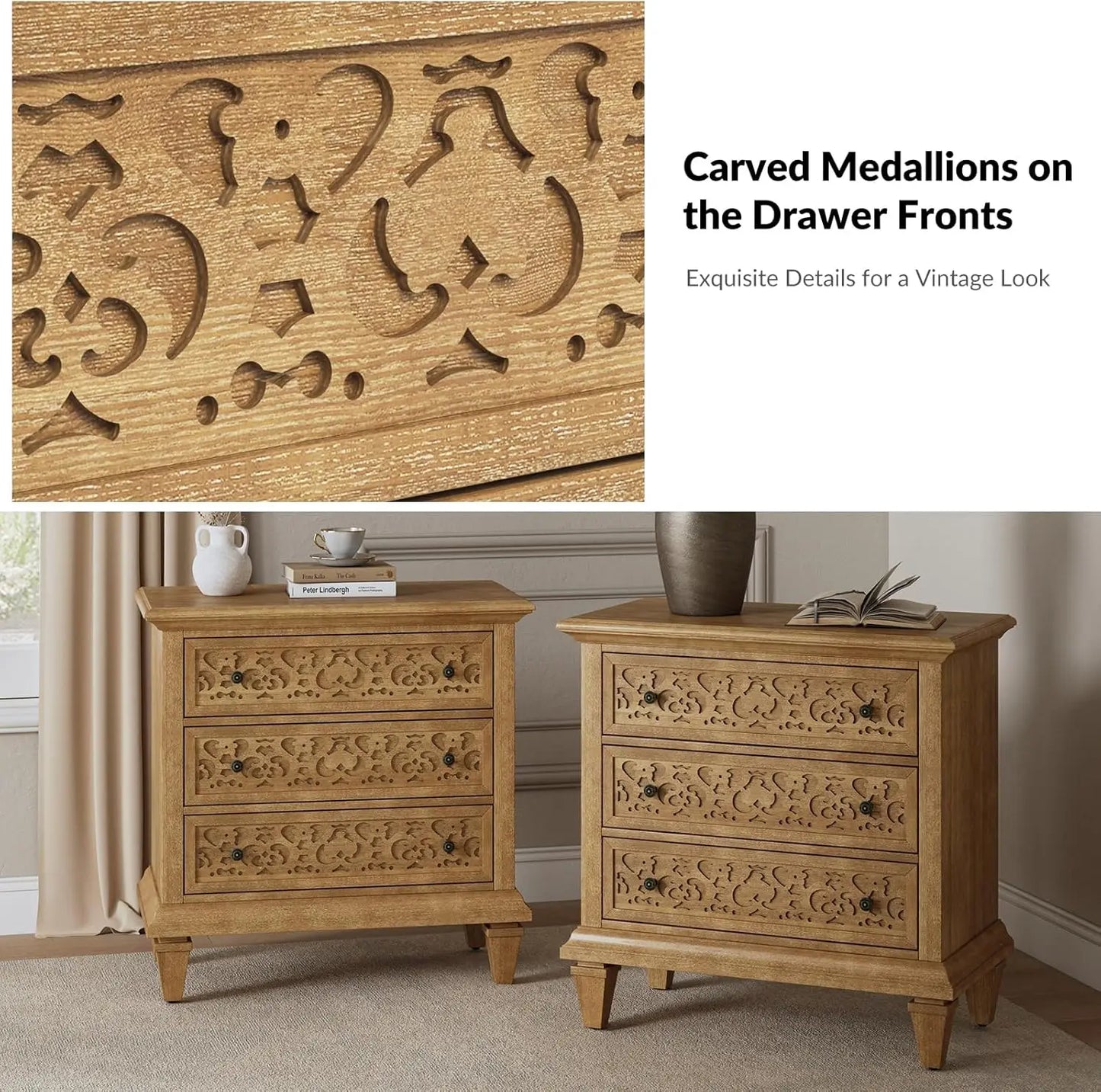 1 Small Bedside Nightstand, Built-in Outlets, 3 Drawers