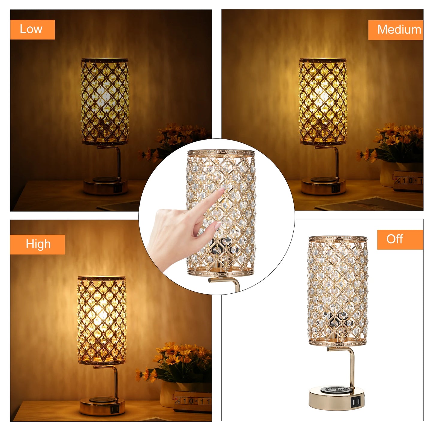 Crystal Table, Bedside, Desktop, Dimmable Touch Lamp