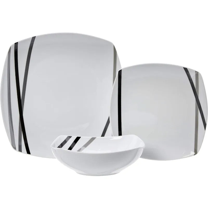 18 Piece Kitchen Dinnerware Set - Square Plates, Bowls,