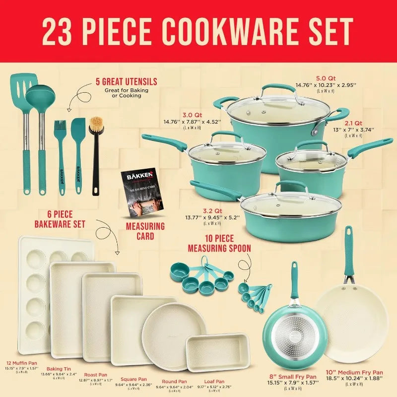 23 Piece–Green Multi-Sized Cooking Pots, Bakeware, Utensils