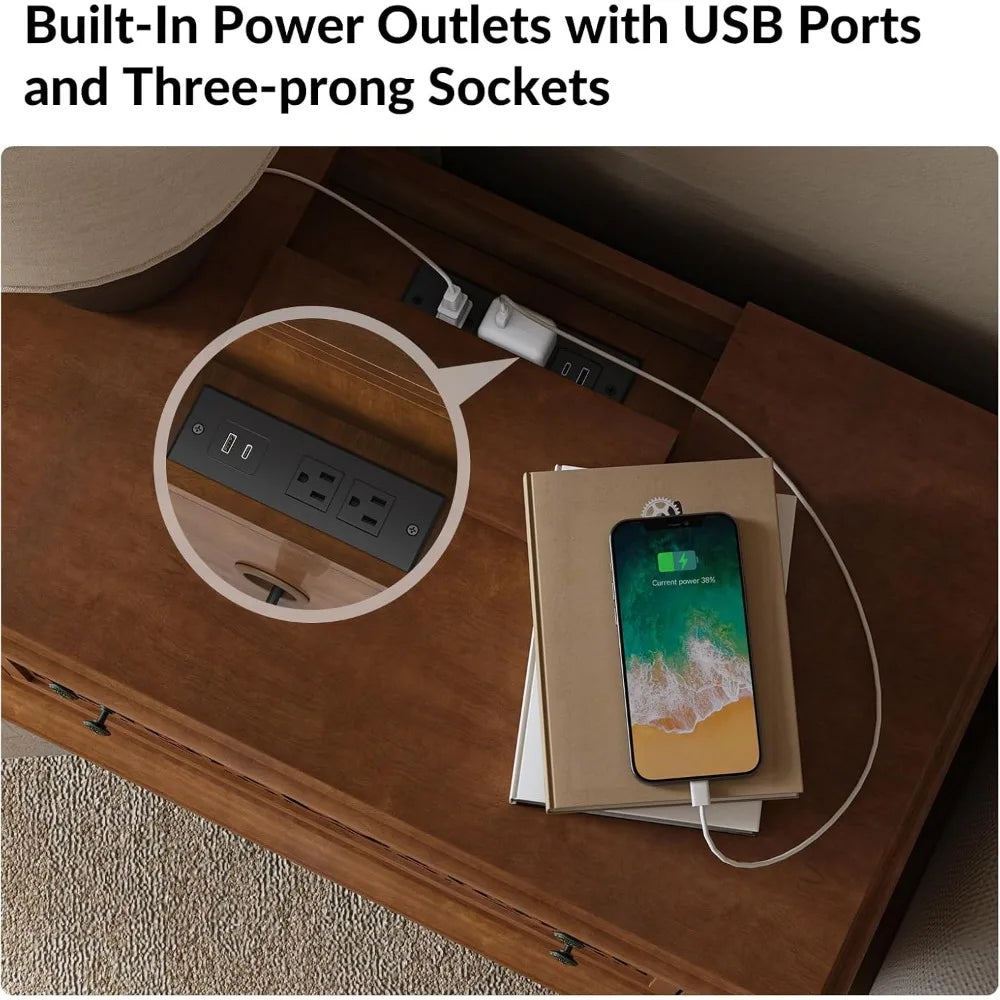1 Small Bedside Nightstand, Built-in Outlets, 3 Drawers