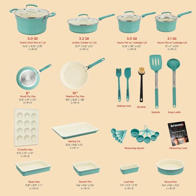 23 Piece–Green Multi-Sized Cooking Pots, Bakeware, Utensils