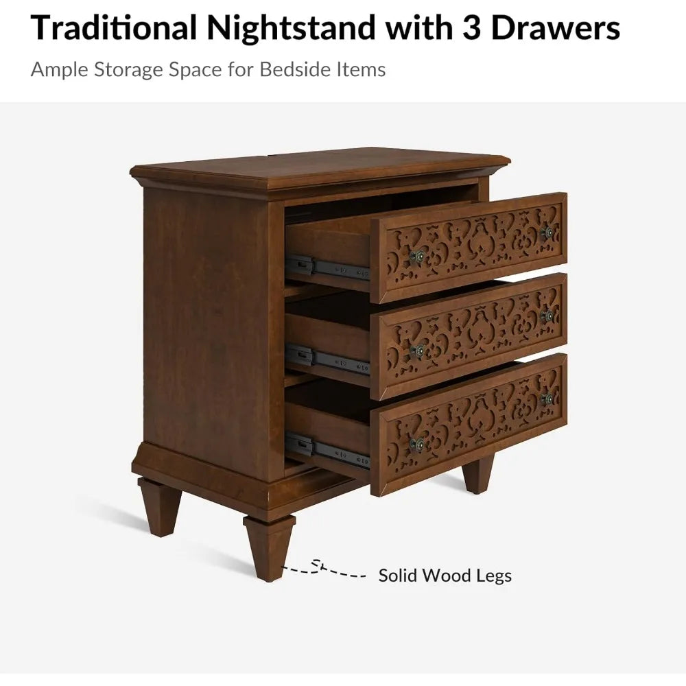 1 Small Bedside Nightstand, Built-in Outlets, 3 Drawers