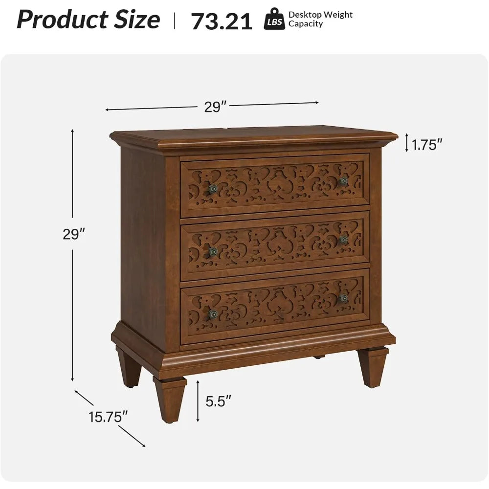 1 Small Bedside Nightstand, Built-in Outlets, 3 Drawers