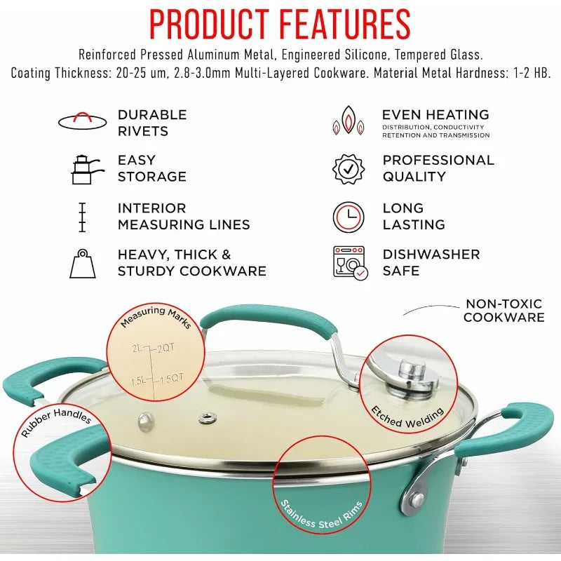 23 Piece–Green Multi-Sized Cooking Pots, Bakeware, Utensils
