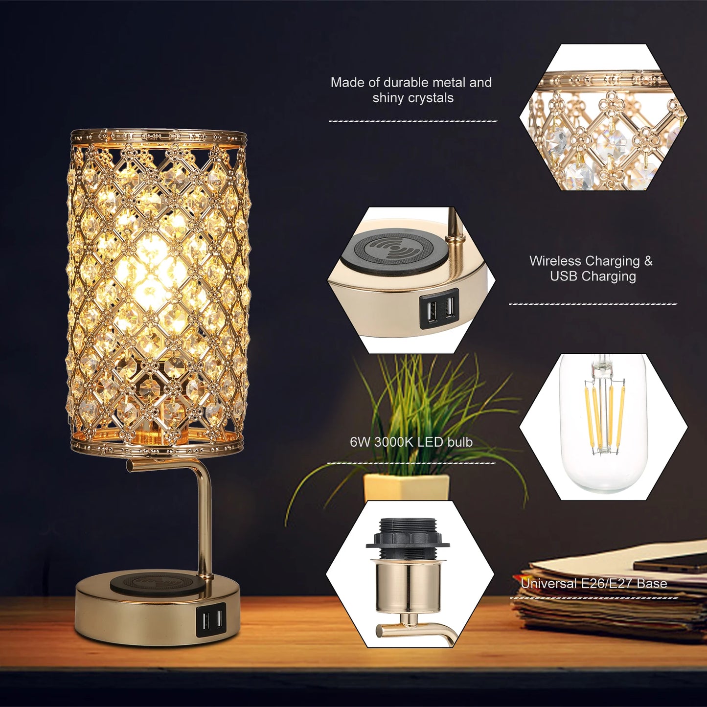 Crystal Table, Bedside, Desktop, Dimmable Touch Lamp