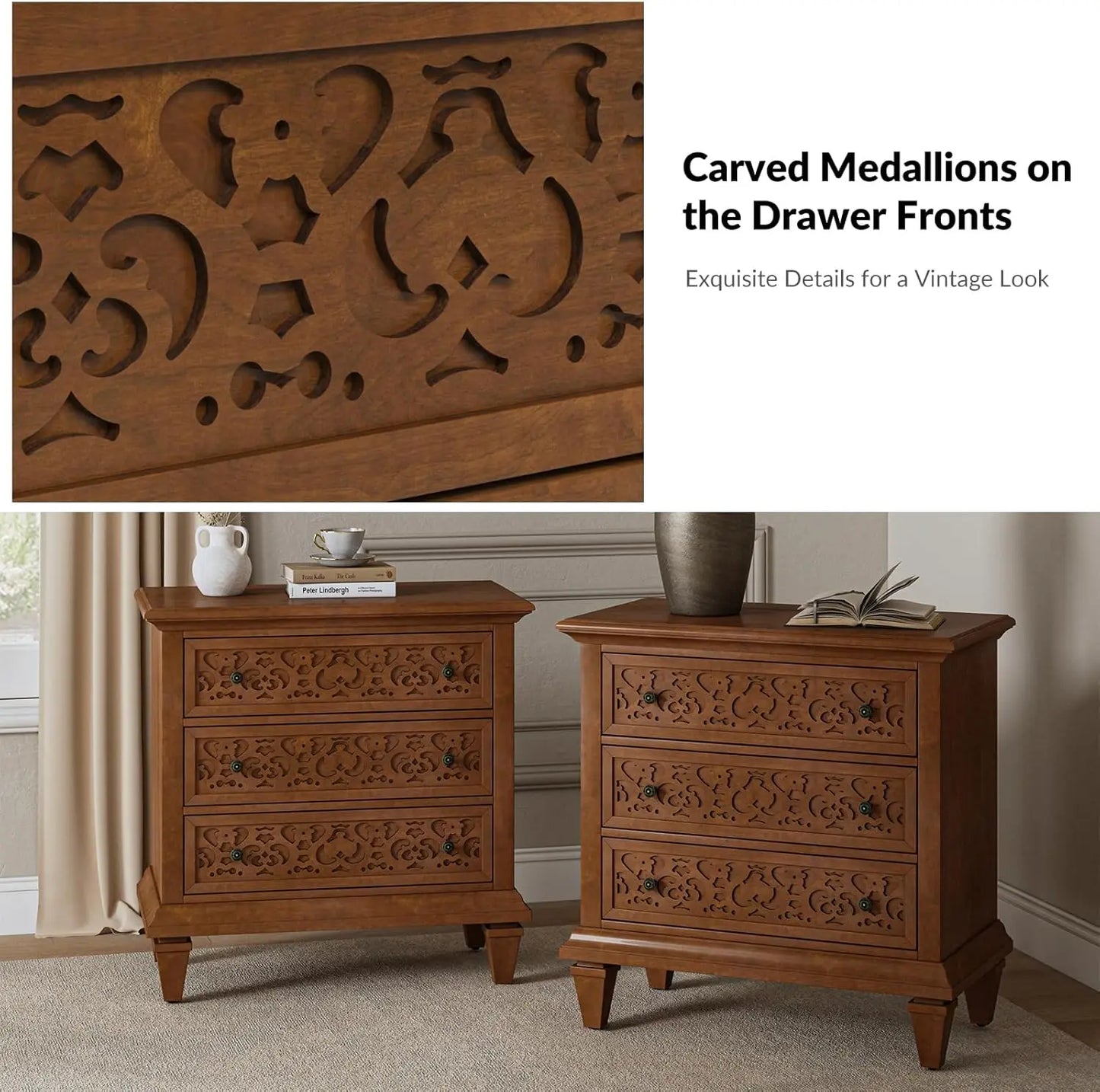1 Small Bedside Nightstand, Built-in Outlets, 3 Drawers