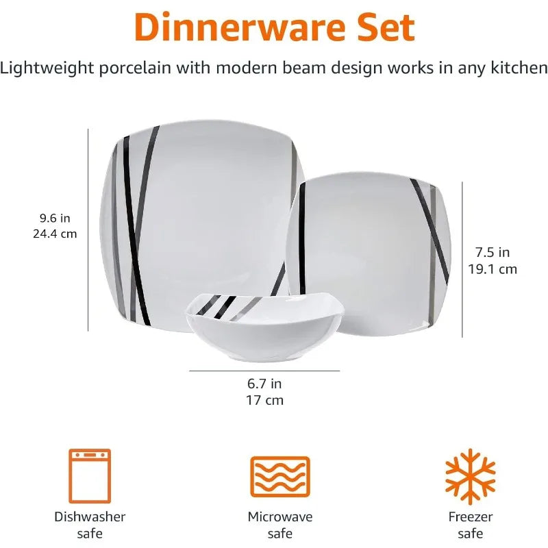 18 Piece Kitchen Dinnerware Set - Square Plates, Bowls,