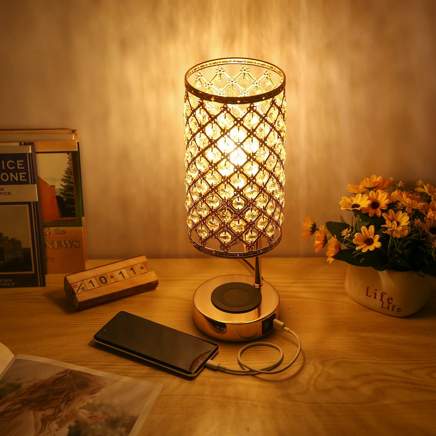 Crystal Table, Bedside, Desktop, Dimmable Touch Lamp