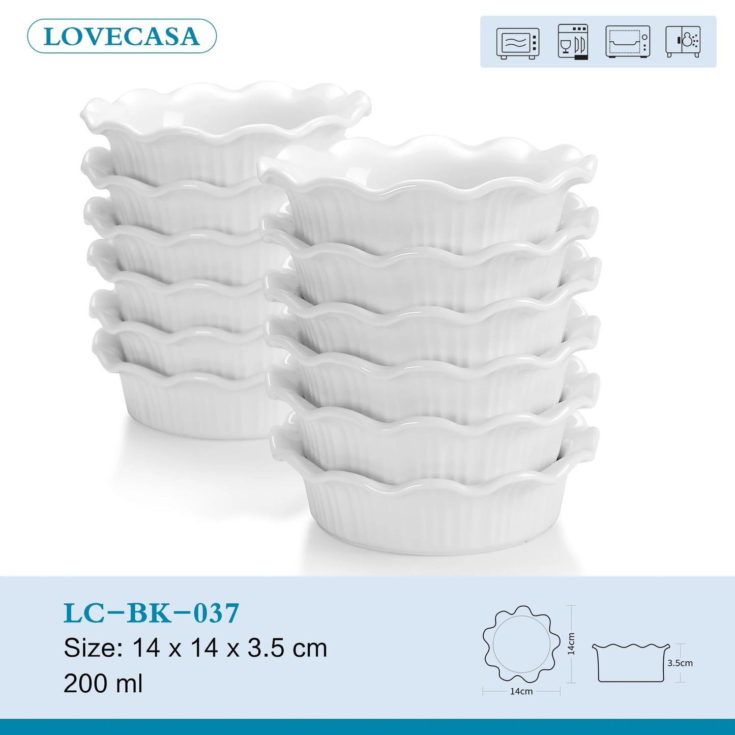 LOVECASA 6/12-Piece 200ML White Porcelain Round Bakeware Sets