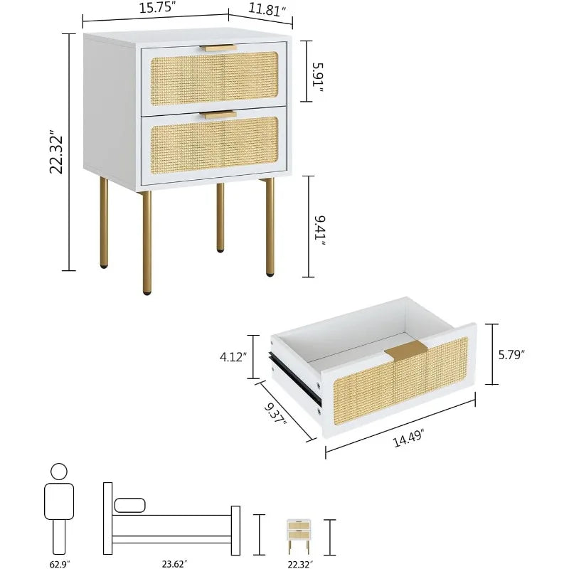 Rattan Nightstand, End Table, With 2 Drawers