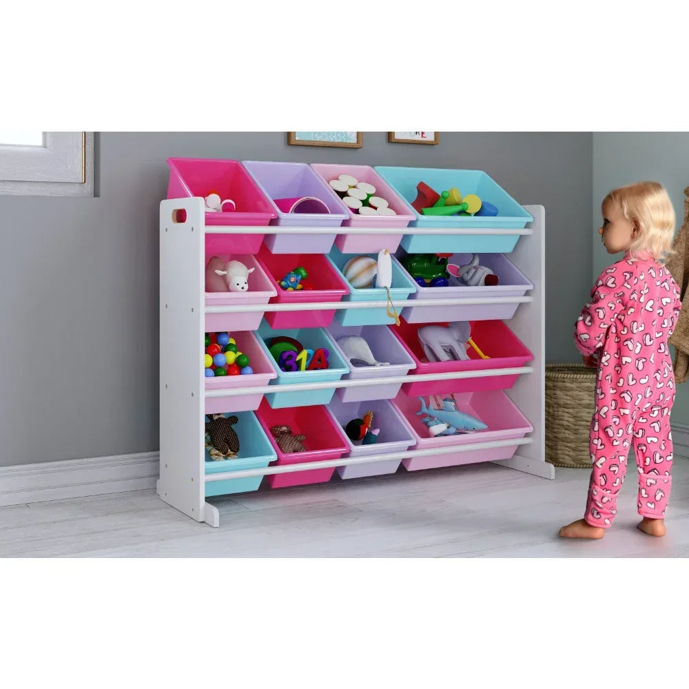 White/Pink Kids Toy Storage Organizer 16 Plastic Bins