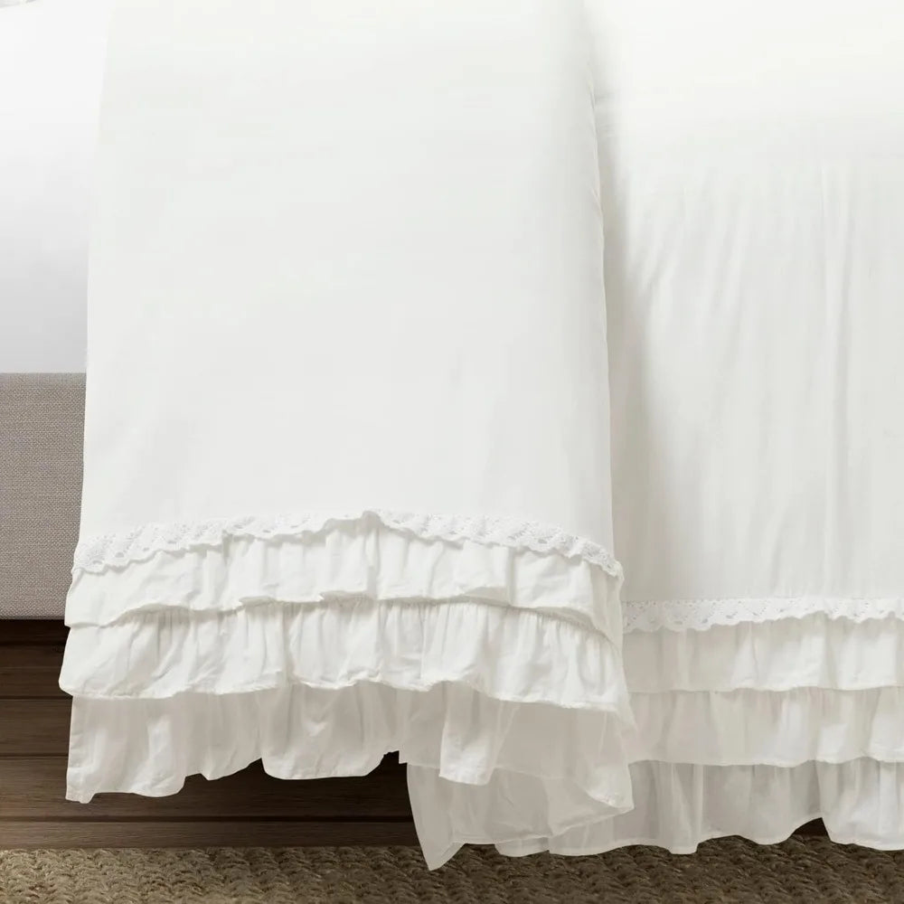 Ruffle Lace 100% Cotton 3 Piece Duvet Cover Set,