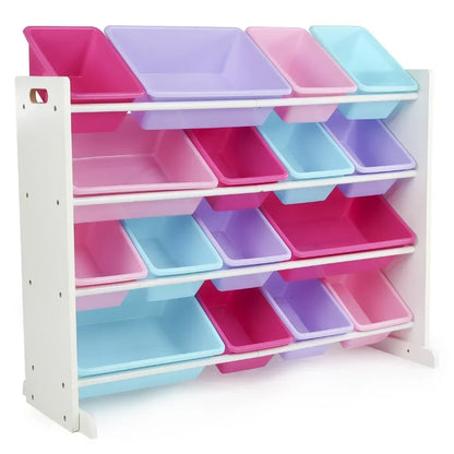 White/Pink Kids Toy Storage Organizer 16 Plastic Bins