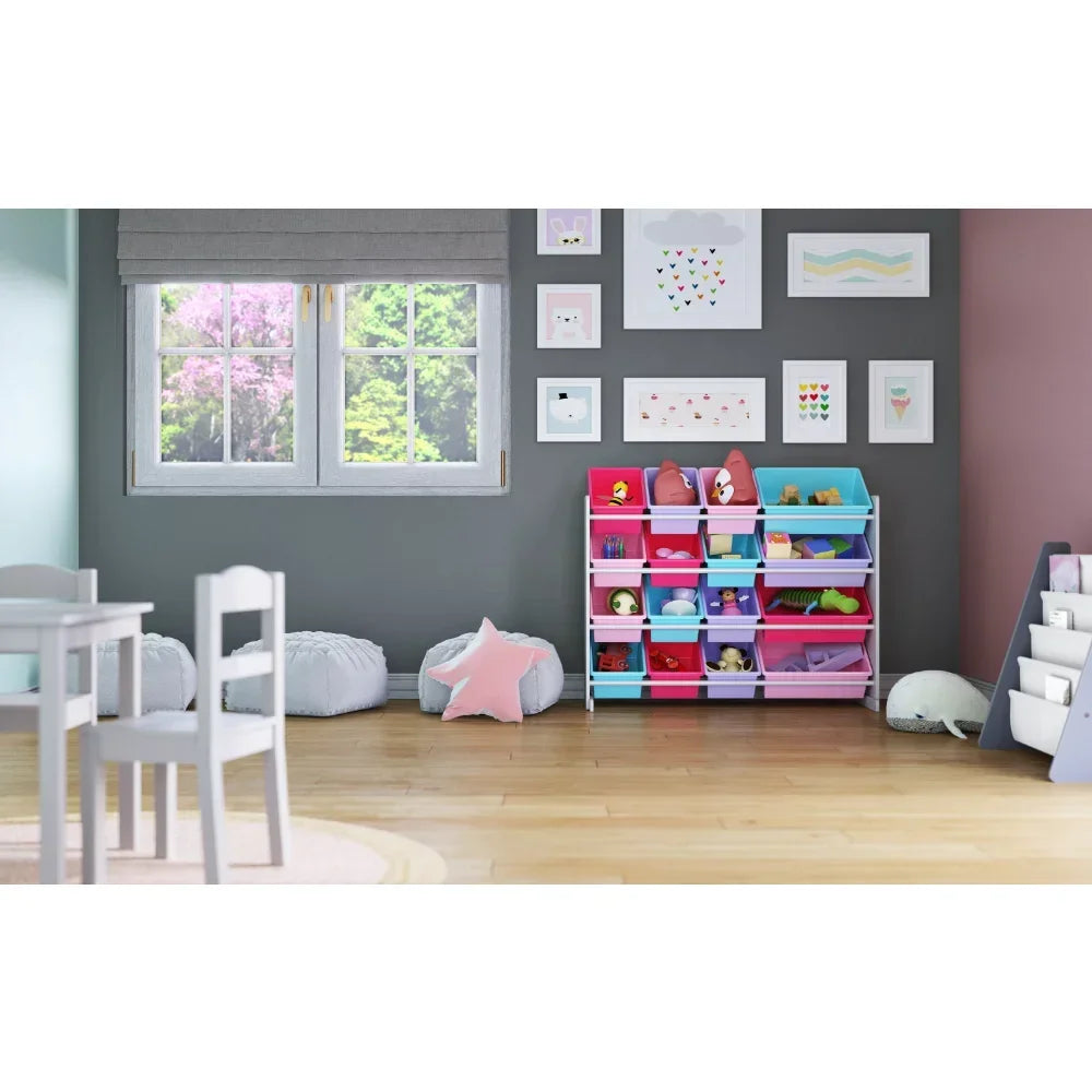 White/Pink Kids Toy Storage Organizer 16 Plastic Bins