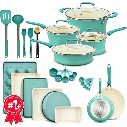 23 Piece–Green Multi-Sized Cooking Pots, Bakeware, Utensils