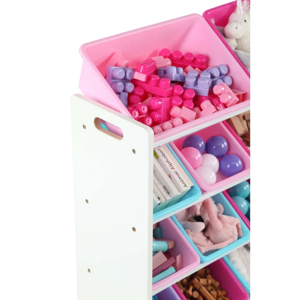 White/Pink Kids Toy Storage Organizer 16 Plastic Bins