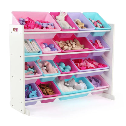 White/Pink Kids Toy Storage Organizer 16 Plastic Bins