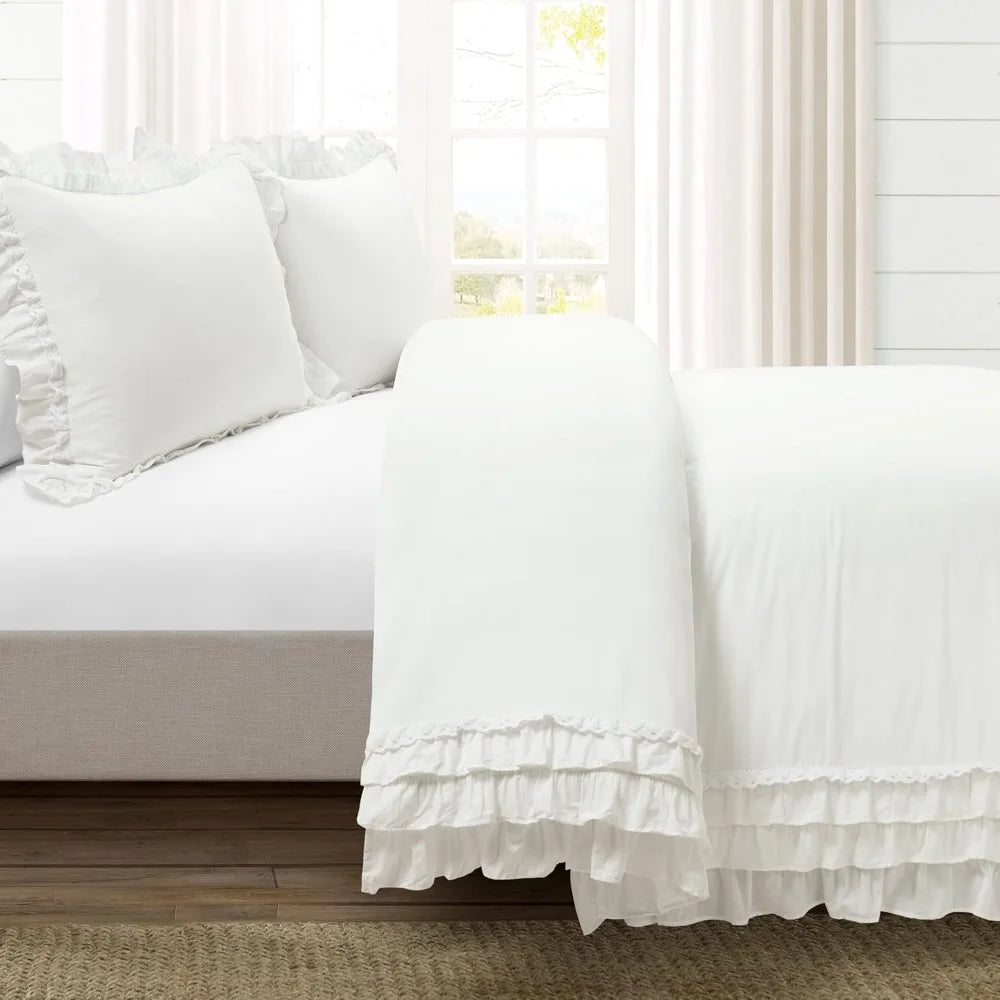 Ruffle Lace 100% Cotton 3 Piece Duvet Cover Set,