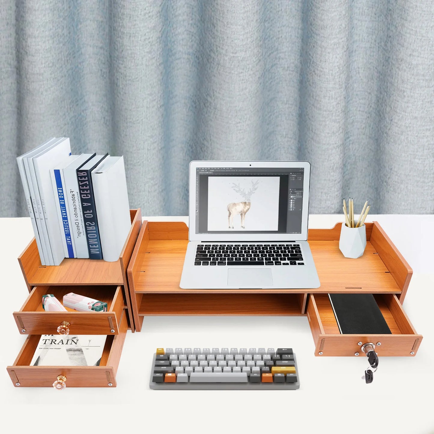 Locking Wooden Office Desktop Organizer + Drawers & File Tray