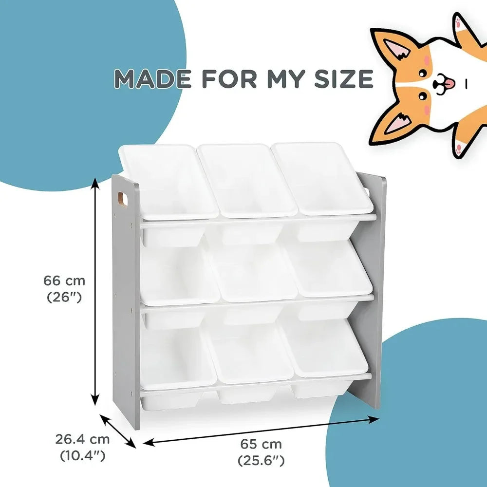 Grey & White Toy Organizer, 9 Bin Storage, 24" Tall