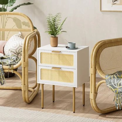 Rattan Nightstand, End Table, With 2 Drawers