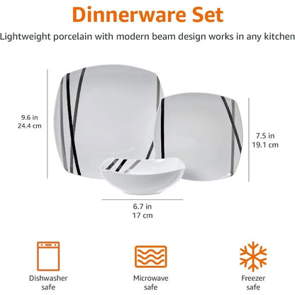 18 Piece Kitchen Dinnerware Set - Square Plates, Bowls,