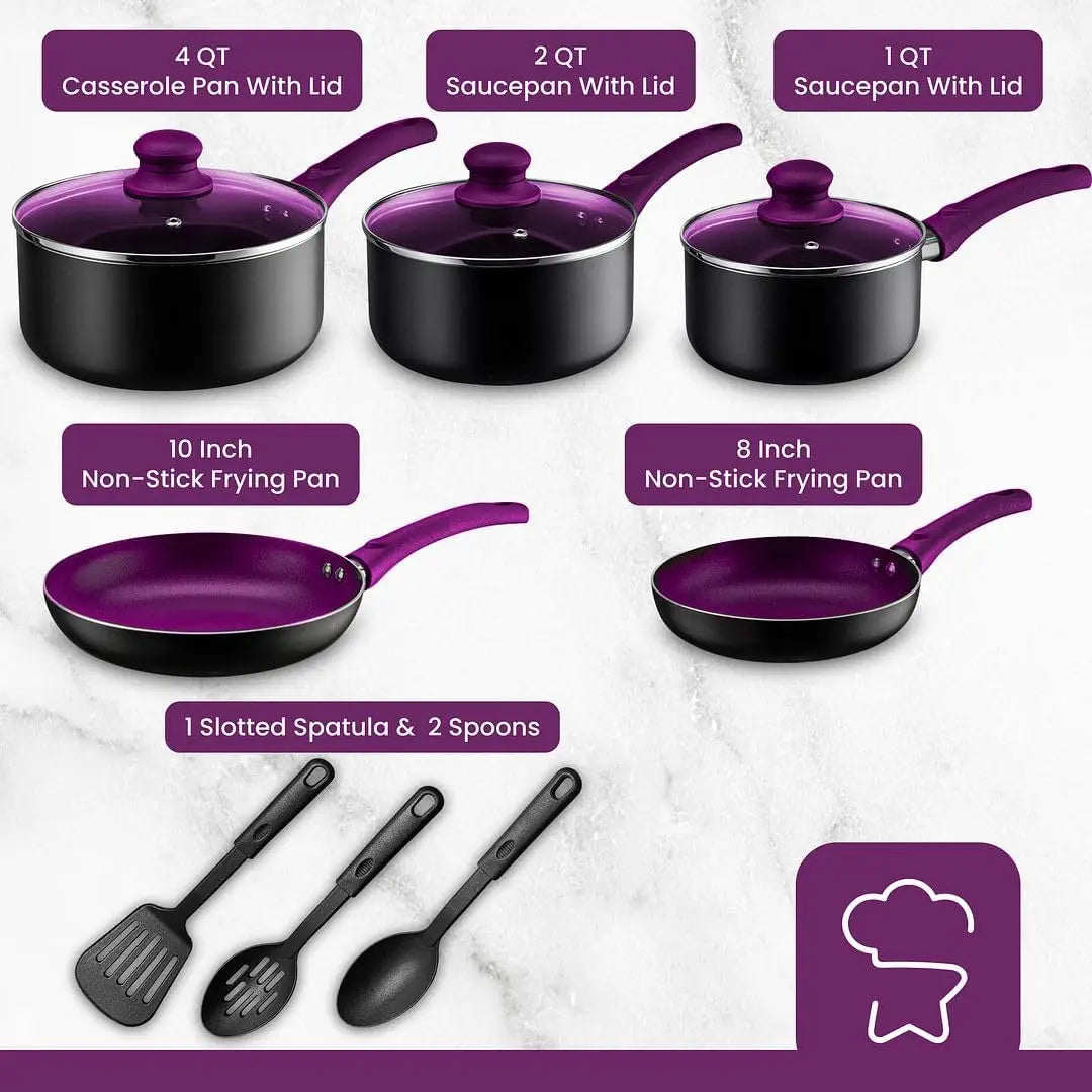 Nonstick Aluminum Cooking Essentials 11 Pieces Purple