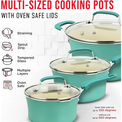 23 Piece–Green Multi-Sized Cooking Pots, Bakeware, Utensils