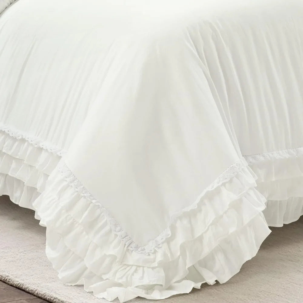 Ruffle Lace 100% Cotton 3 Piece Duvet Cover Set,